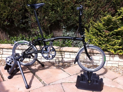 A Brompton S2L fitted to the Cycleops FLuid2 turbo trainer